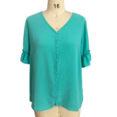 China Custom Made Anti-pilling Summer Cool Womens Blouses Shirts With Buttons Decoration V-neck Tops For Ladies Turquoise Color Chiffon for sale