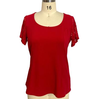 China Custom Women's Anti-pilling Blouses Fishtails Shirts With Red Button Lace Hollow Out Decoration O-neck Tops For Ladies Custom Design for sale