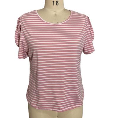 China Ladies Cotton Compressed Tee Striped Stretchy Knitted T-Shirt Women Puff Sleeve Short Sleeve Plus Size Pink And White Striped for sale