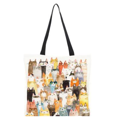 China Cute Eco-friendly Cat Pattern Linen Tote Bag High-Definition Digital Printing Eco-Friendly Canvas Shopping Bags for sale