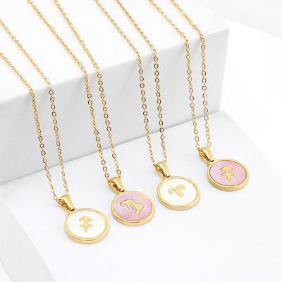 China FASHIONABLE Round Stainless Steel 12 Horoscope Astrology Zodiac Sign Birthday Gifts Round Shell Pendant Necklaces for sale