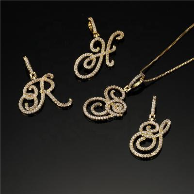 China Europe and America Hip Hop Gold Plated Iced Out Diamond Cursive Pendant Initial Letter Zircon Tennis Choker Pendant Necklace for sale