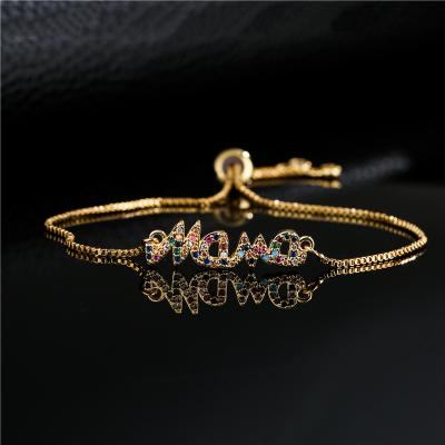 China TRENDY high quality 18k gold plated rainbow zircon letter mum charm bracelet for mother's day for sale