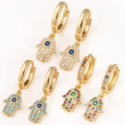 China Romantic Trendy Micro Pave Rainbow CZ Hamsa Hand Circle Earrings Gold Plated 18K Gold Creative Turkish Simple Copper Earrings for sale