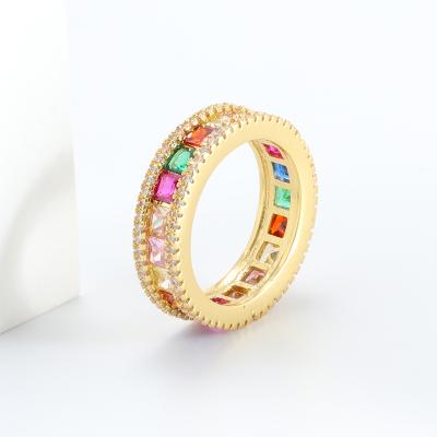 China Fashion Design New Trendy Colorful Cubic Zirconia Copper 18k Gold Plated Band Ring for sale