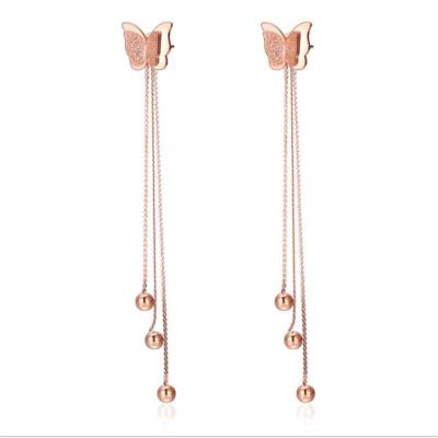 China Vintage Women Jewelry Korean Style Rose Gold Stainless Steel Butterfly Tassel Earrings for sale