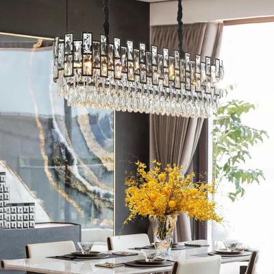 China Modern Leaded Black Modern Kitchen And Island Long Crystal Pendant Light Dining Rectangular Chandelier for sale