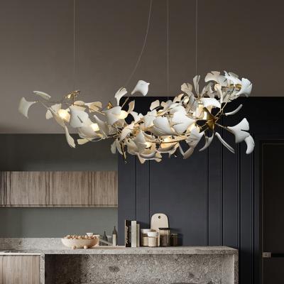 China Post Modern Restaurant Projects Large Size Custom White Ceramic Flower Ginkgo Leaf Pendant Light Chandelier for sale