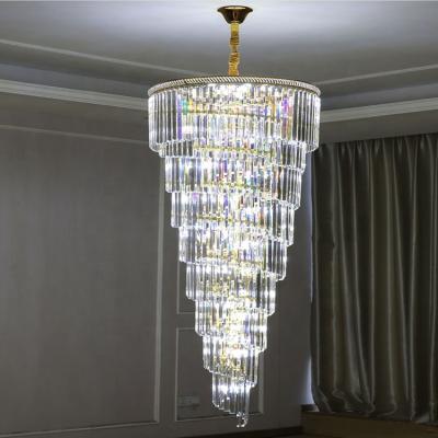 China Contemporary Large Hotel Long Stairs Spiral Hanging Lamp LED Crystal Staircase Chandelier For High Ceiling for sale