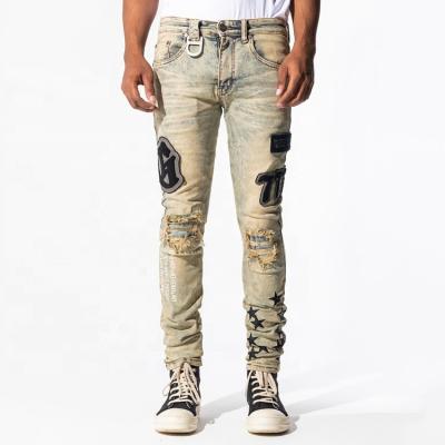 China Breathable Vintage Wash Denim Men's Jeans Skinny Distress Patch Design OEM/ODM Men's Skinny Jeans Chenille Patch Embroidery Screen Printing for sale