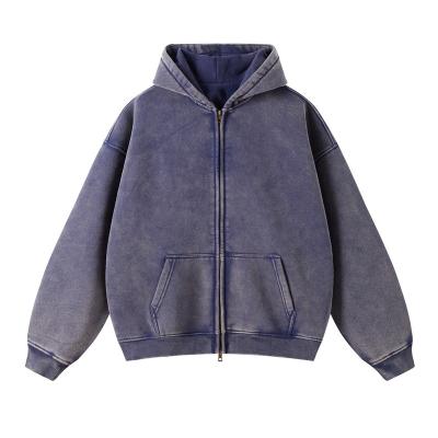 China Breathable Customize Wholesale Slim fit Heavyweight pigment wash Distressed Zipper Hoodies Vintage Wash Zip Up Hoodie For Men for sale