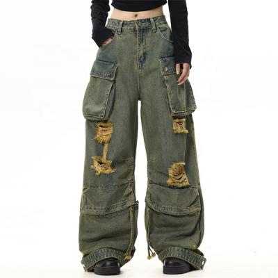 China Breathable Custom ladies baggy cargo jeans High waist loose vintage pockets cargo pants distressed tears cargo pant Women for sale