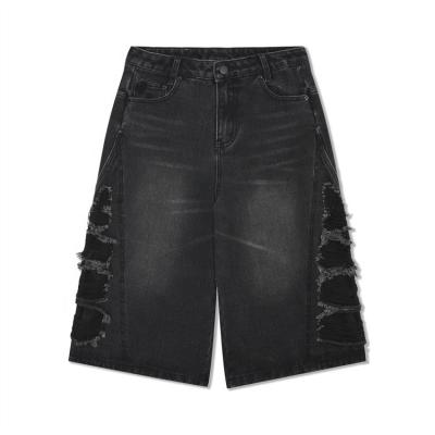 China Breathable New Design Customize Y2K Men Shorts Baggy Patchwork Distressed Side Faded Sand Blast Denim Jeans Shorts for sale