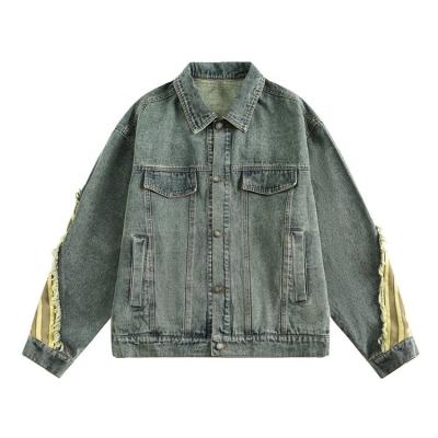 China Reversible STARLIGHT Vintage Wash Denim Jacket Stripes Design Denim Twill Fabric Frays Raw Cutting Distress Men's Jacket Loose Fit for sale