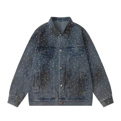 China Reversible STARLIGHT High End Customize Oversize Women Denim Jacket Heavyweight Rhinestone Vintage Men Denim Jacket Dark Blue for sale