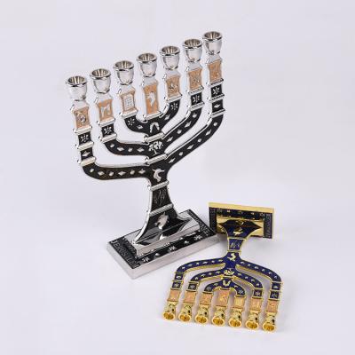 China Menorah 7 Branch Religious Activities Menorah Blue Brass Enamel Gold Plated 7 Branch Tribes of Israel Jerusalem 28cm*20.5cm isreal for sale