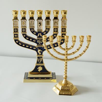 China Religious Activities Menorah 28cm*20.5 cm 7 Branch Menorah Large Blue Brass Enamel Gold Plated 7 Branch Tribes of Israel Jerusalem for sale