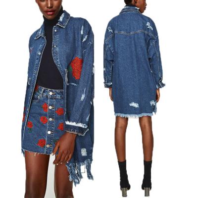 China Other 2023 Wholesale custom long sleeve ripped denim jacket women jeans jaket embroidered flower jacket for sale