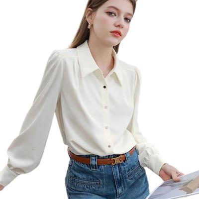 China Anti-wrinkle 2023 Spring Soft Elegant Ladies Loose Tops White Lapel Long Sleeve Lady Shirts Satin Women Polo Shirt for sale