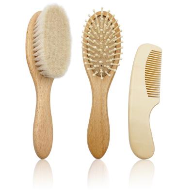 China Eco-friendly Natural Safe Cushion Beech Wooden Goat Hair Sillicon Baby Hair Brush Comb Set for sale