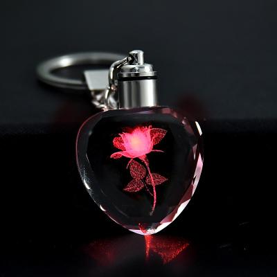 China Eco-friendly/Sustainable Fashion Colorful Fairy Flower Pattern Love Shape Crystal Rhinestone LED Light keychain Lover Key Chain Rose Keyring Jewelry for sale