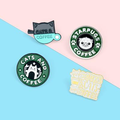 China Fashionable/Wild/Eco-friendly/Sustainable Popular Creative Puppy Cat Cafe Brooch Clothes Pin Aliexpress Pug Badge Kitten Coffee Brooch Cute Cartoon for sale