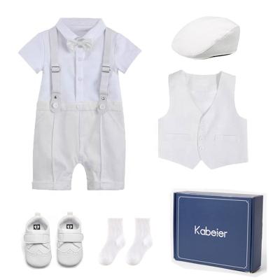 China New Summer New Cotton Gentleman Baptismal Suit Anti-Shrink White Romper 3 To 24 Months Newborn Baby Boy Gift Box Outfit Clothes for sale