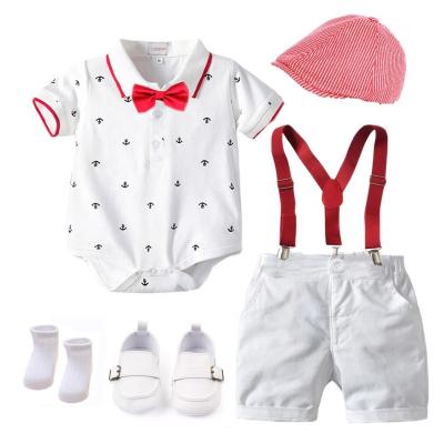 China Hat + romper + shorts + belt + bow + formal shoes + bangs 7 piece kids clothes for baby sets for sale