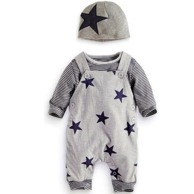 China Autumn Cotton Baby Boy Spring Suspenders+Pant Anti-Shrink Star Print+Long Sleeve T-shirt+Hat 3 Piece Set Baby Boy Clothes for sale