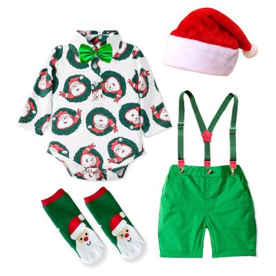 China Cotton Baby Boy Formal Christmas Clothes Sets Jumpsuit Green Shorts Hat Bangs Clothes For Newborn Baby Boy Set Gift for sale