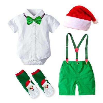 China Wholesale Cotton Baby Christmas Gift Formal Romper Clothes Suit Newborn Baby Onesie Pants Infant Hat Sock Bow Boy Dress Sets for sale