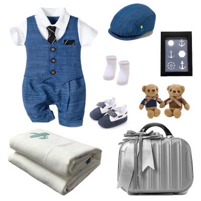 China Spandex/Cotton Shorts Sleeve Jumpsuit+Hat+Shoes+Socks+Toy+Bath Towel+Photo Frame +PU Luggage Baby Boy Outfit Set for sale