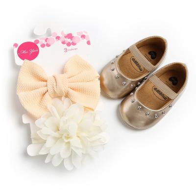 China Girls Retro Round Soft Unique Baby Shoes With Big Bow Headband Set Newborn Princess Flat Toddler Shoes Party Shoes for sale