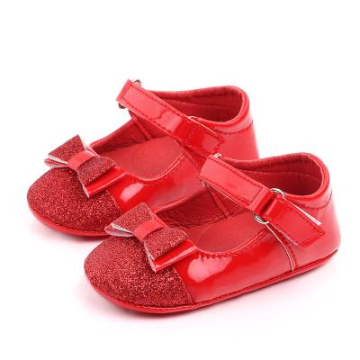 China Wholesale Glitter Soft Unique Baby Girl Shoes Round Bow Newborn Fancy Princess Leather Kid Shoes Footwear Mary Jane Shoes PU for sale