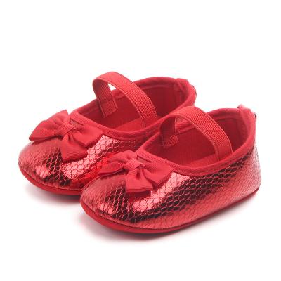 China Princess Toddler Girl Flat Round Glitter Shoes Autumn Red Sequin Baby Girl Mary Jane Shoes Soft Sole Spring Bow for sale