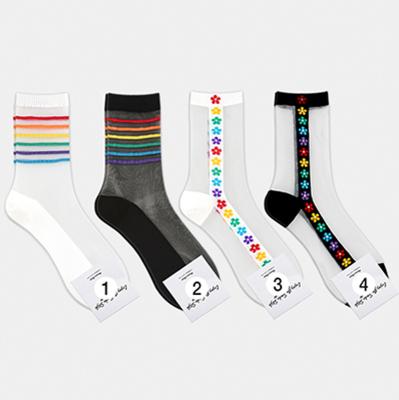 China INS Women Girl Silk Socks Transparent Striped Flower Antibacterial QUICK DRY Antibacterial Sweat-absorbent Rainbow for sale