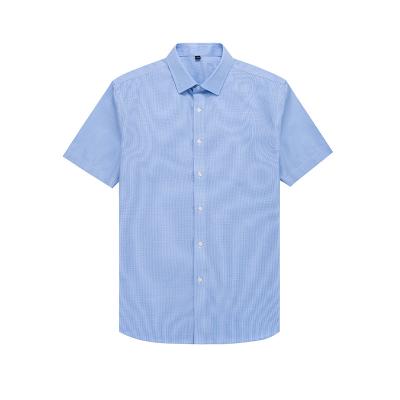 China RTS Anti-pilling RTS Men's Mini Check Business Formal Shirt Blue 100% Short Sleeve Non Iron Dress Shirt For Men for sale