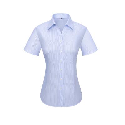 China RTS Anti-pilling Cotton Women's Formal Shirt Light Blue Striped Sleeve Business 100% Iron V-Neck Short Dress Shirt Non For Women for sale