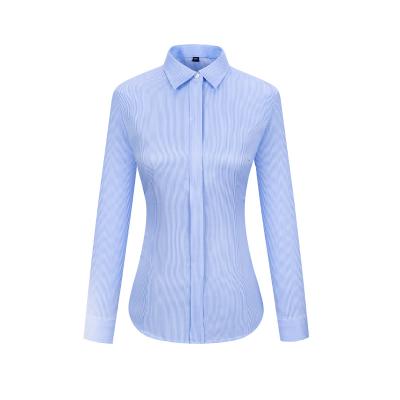 China RTS Anti-Pilling Women's Twill 100% Cotton Blue White Striped Tuxedo Shirt Business Long Sleeve Non Iron Dress Shirt For Women for sale