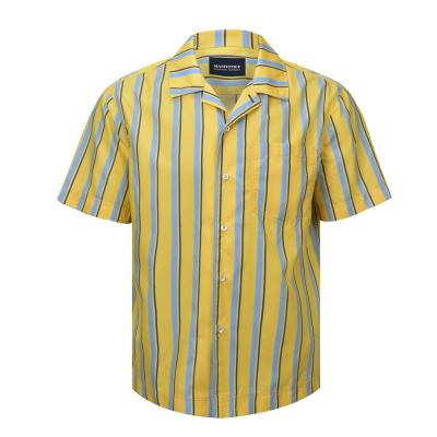 China New Arrival Anti-Pilling Vertical Stripe Blue Yellow Mens Shirt Cotton Short Sleeve Hawaii Shirt For Men for sale