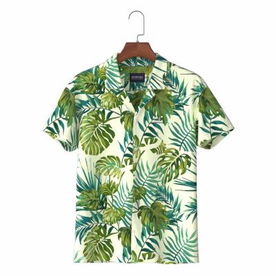 China Hawaiian Leave Anti-pilling Shirt Print Green Cotton With Low MOQ Bright Color Vacation Aloha Shirt for sale