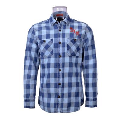 China Anti-pilling Men's Casual Denim Shirt 100% Cotton Long Sleeve Chat Dyed Check Denim Shirt For Men for sale