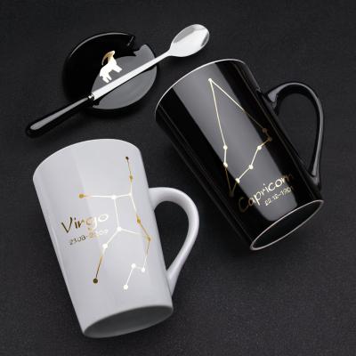 China 12 Constellations Viable Luxury Ceramic Mugs With Spoon Lid Milk Coffee Couples Mug Custom Logo Ceramic Cup for sale