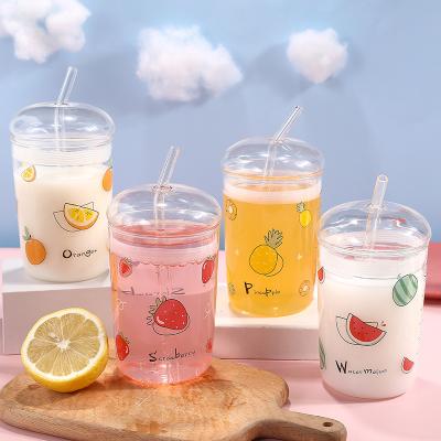 China New Summer Contemporary Cartoon Fruit Pattern Cute Drink Water Bottle Glass Tumbler With Straw for sale