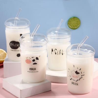 China Contemporary Cute Portable Glass Cup Cartoon Water Decoration Cow Clear Straw Cup With Lid for sale