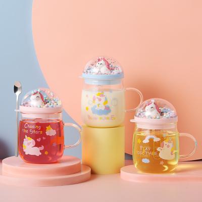 China Viable Wholesale Clear Glass Cups Unicorn Mug With Silicone Lid Cute Coffee Mugs And Spoon Straw Cup for sale