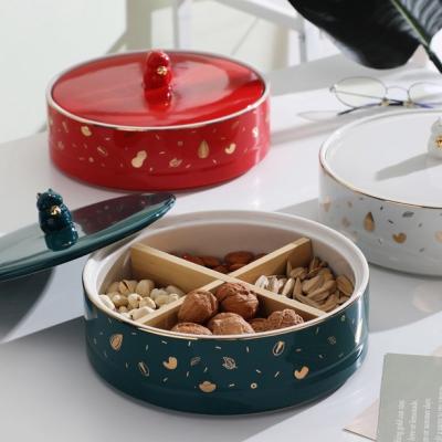 China Viable Creative Lightweight Luxury Red Green Dried Fruit Gift Dried Fruit Decoration Living Room Ceramic Storage Dish With Lid for sale