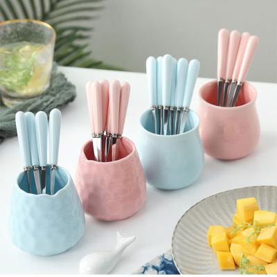 China Sustainable Fruit Fork Ceramic Pot Set Cute Home Dessert 304 Stainless Steel European Luxury for sale