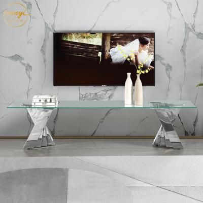 China Decoration Factory Stainless Steel 10cm Tempered Glass Lobby Leisure TV Stand Hotel TV Stand for sale