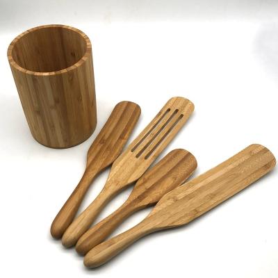 China Sustainable 5 Piece Bamboo Utensil Set Box Bamboo Cutlery Set Cookware Set And Bamboo Box for sale